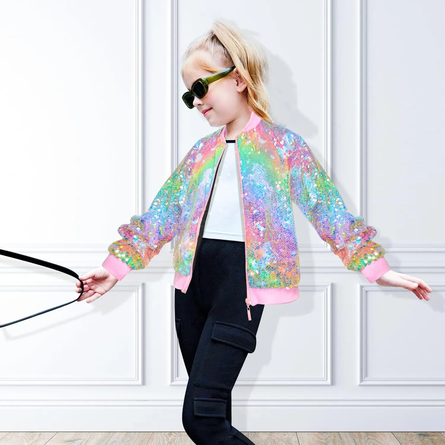 OlyPegic Girls Sequin Jackets Kids Bomber Jacket with Pockets Sparkle Outwear Glitter Zipper Coat Long Sleeve Birthday