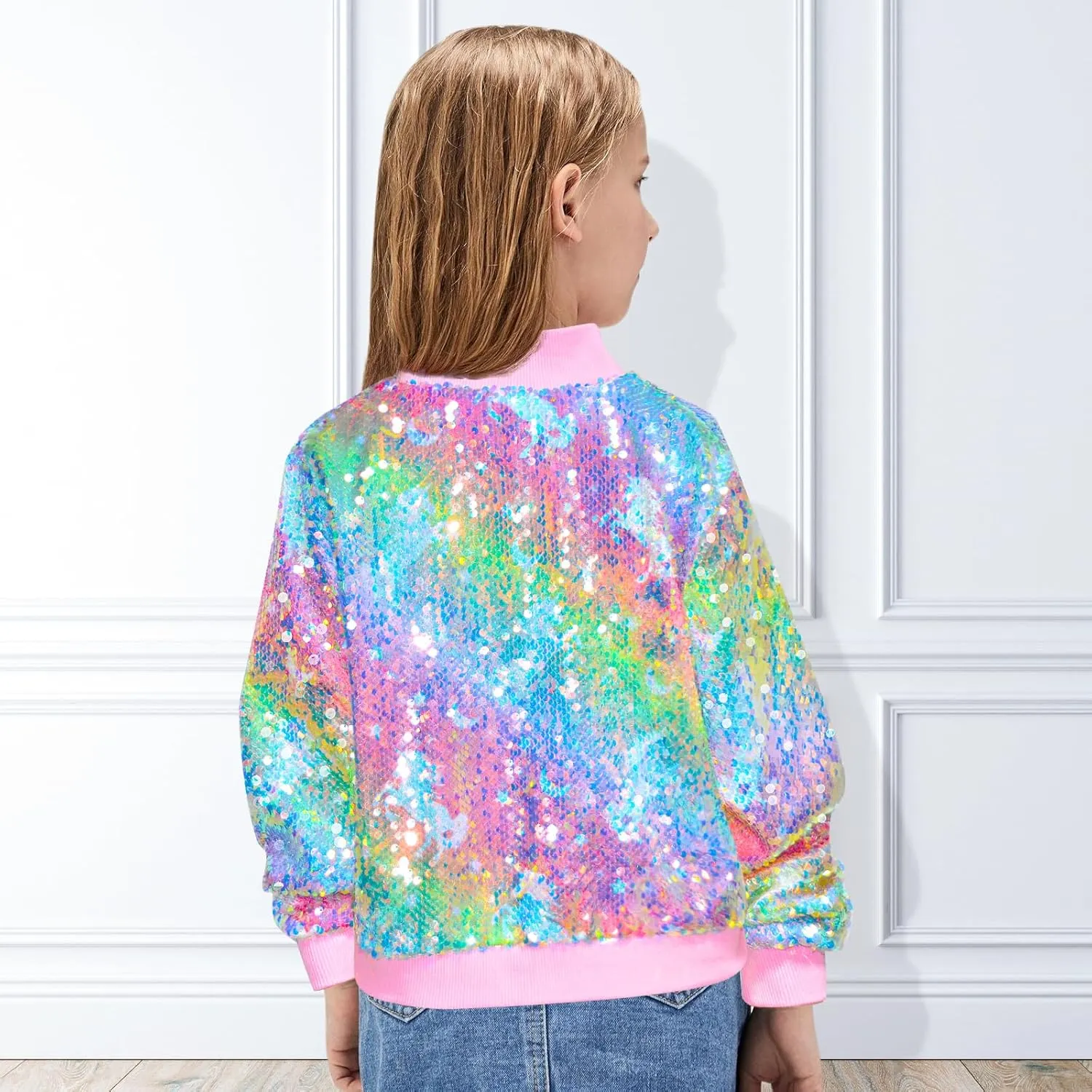 OlyPegic Girls Sequin Jackets Kids Bomber Jacket with Pockets Sparkle Outwear Glitter Zipper Coat Long Sleeve Birthday