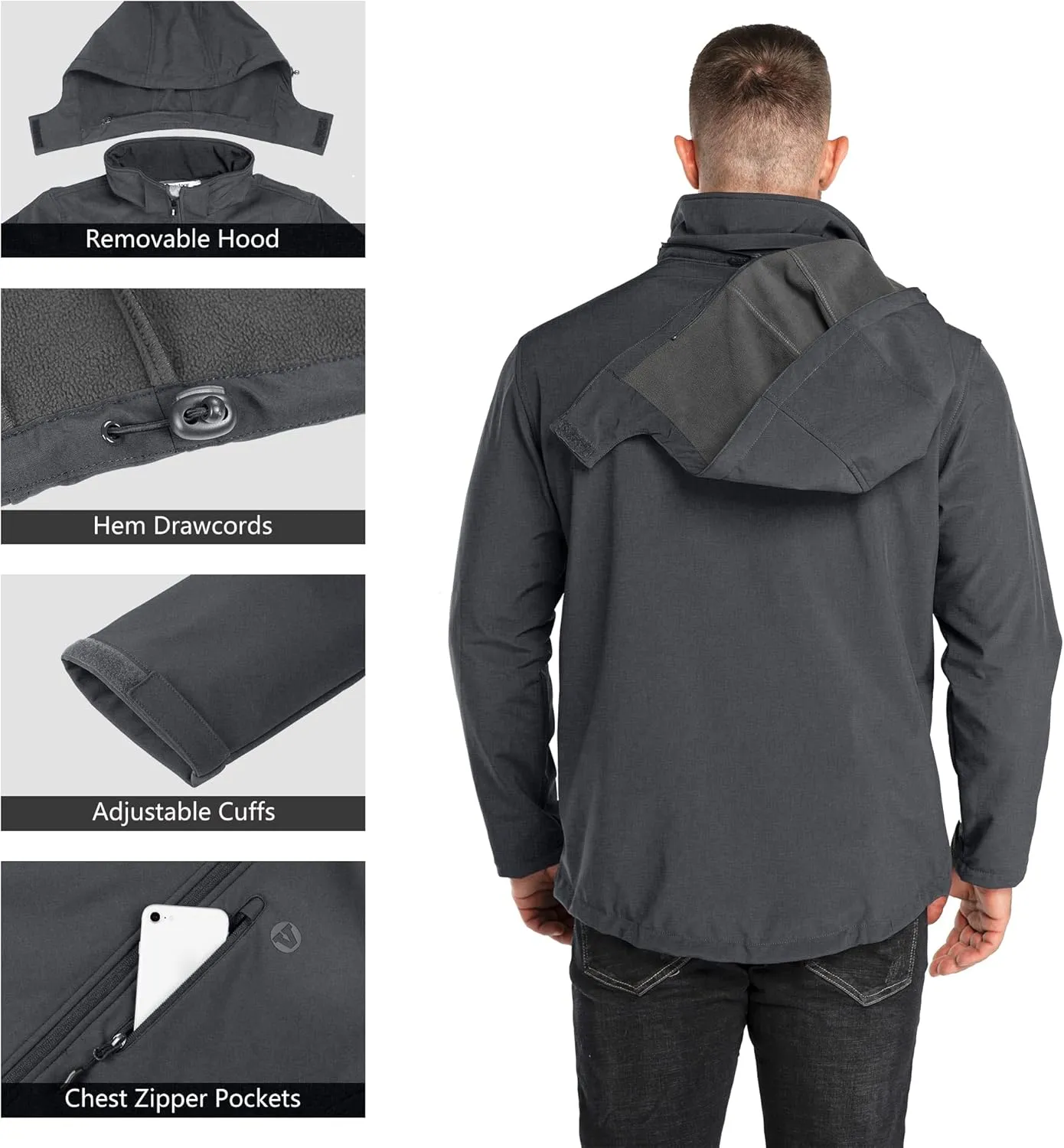 Outdoor Ventures Men's Lightweight Softshell Jacket Fleece Lined Hooded Water Resistant Winter Hiking Windbreaker Jackets