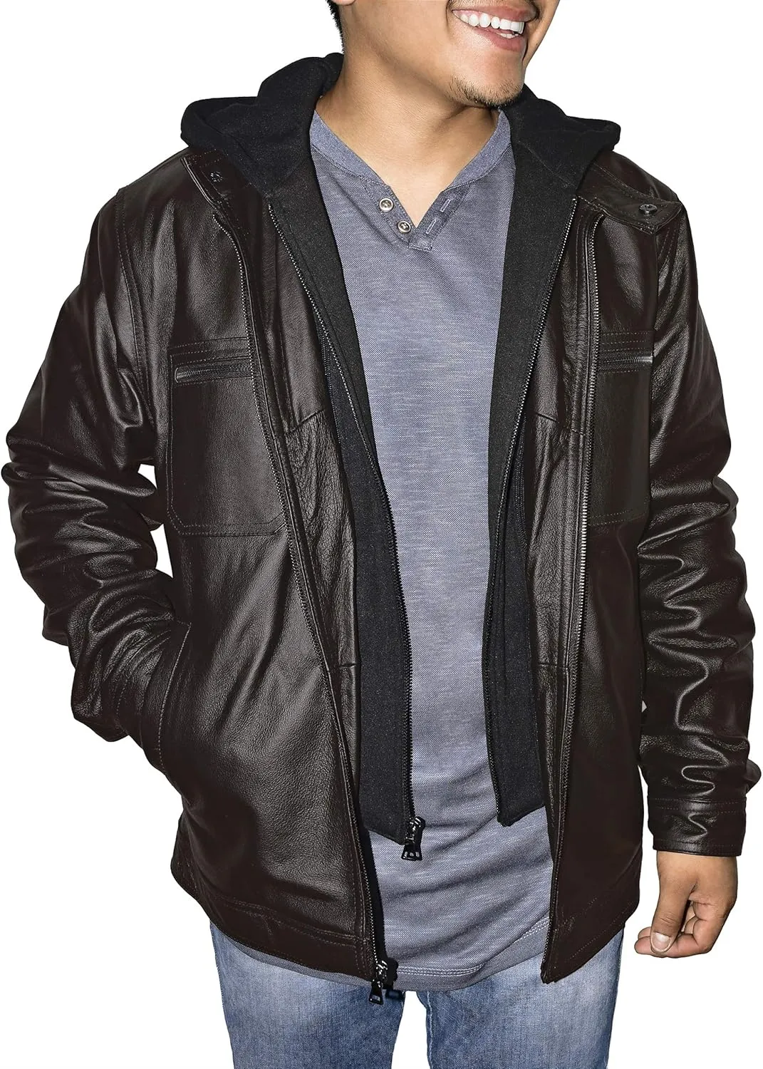 Outfitters Men's Genuine Leather Jacket Multi Pocket Racing Jacket Motorcycle Jacket