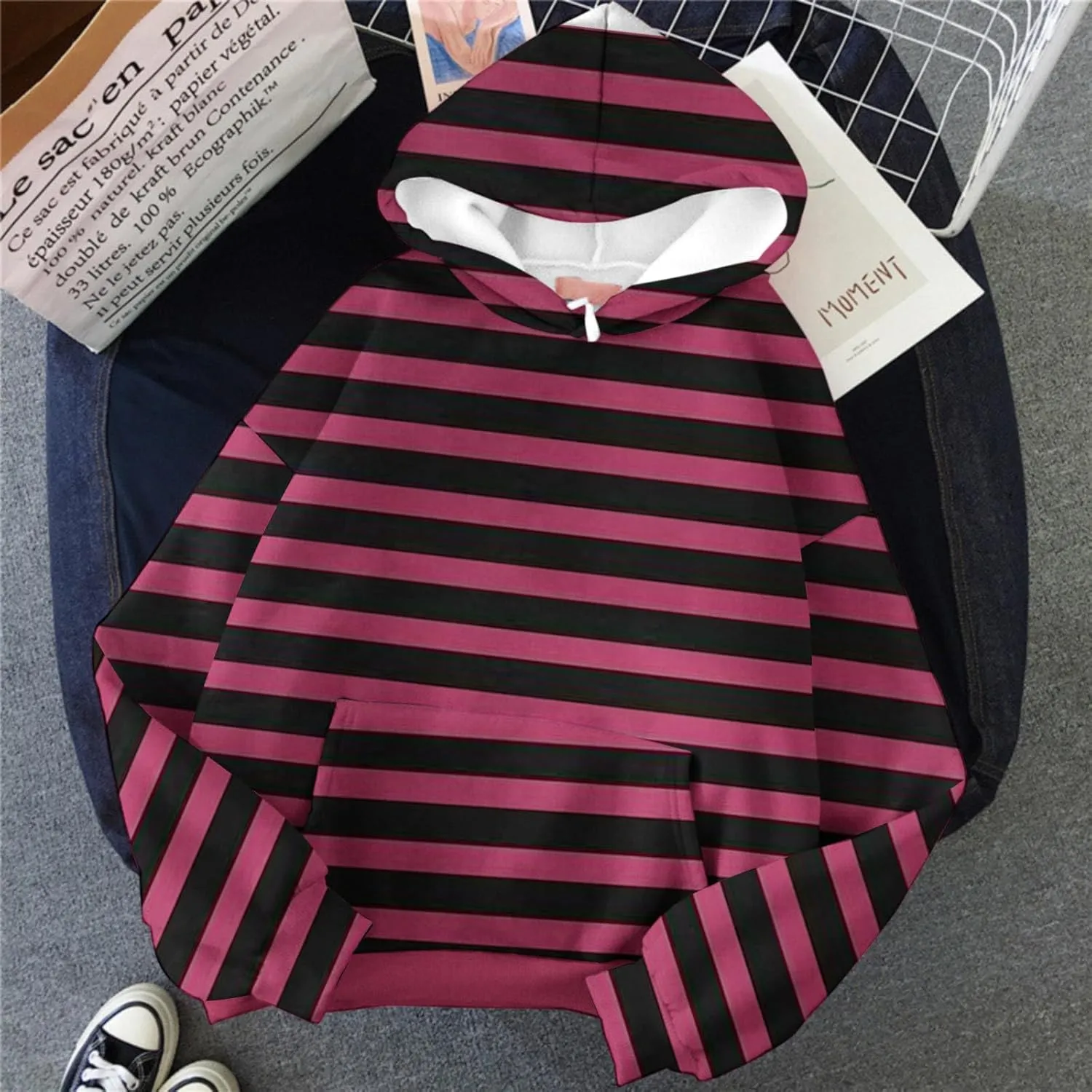 Oversized Striped Hoodies Sweatshirt for Women Trendy Plus Size Sweatshirts with Pockets Casual Loose Pullover Clothe