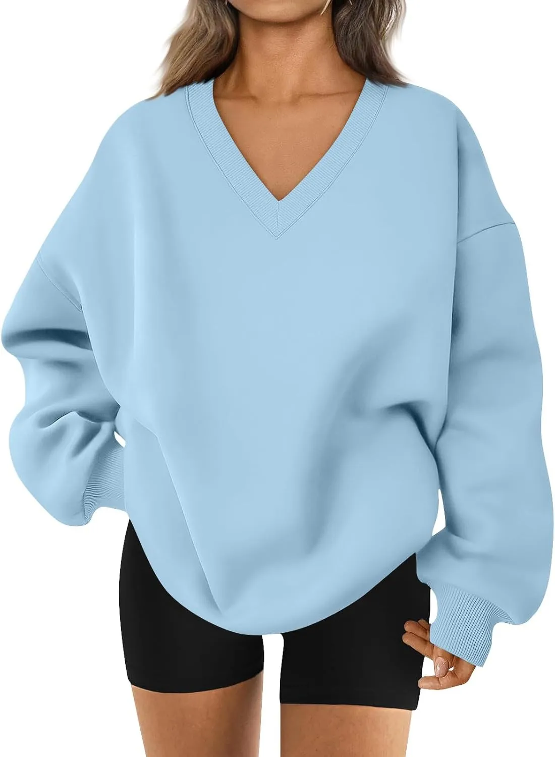 Oversized Sweatshirt for Women Fleece Hoodies Pullover V Neck Long Sleeve Shirts Sweatshirt No Hood Loose Fitting Tops