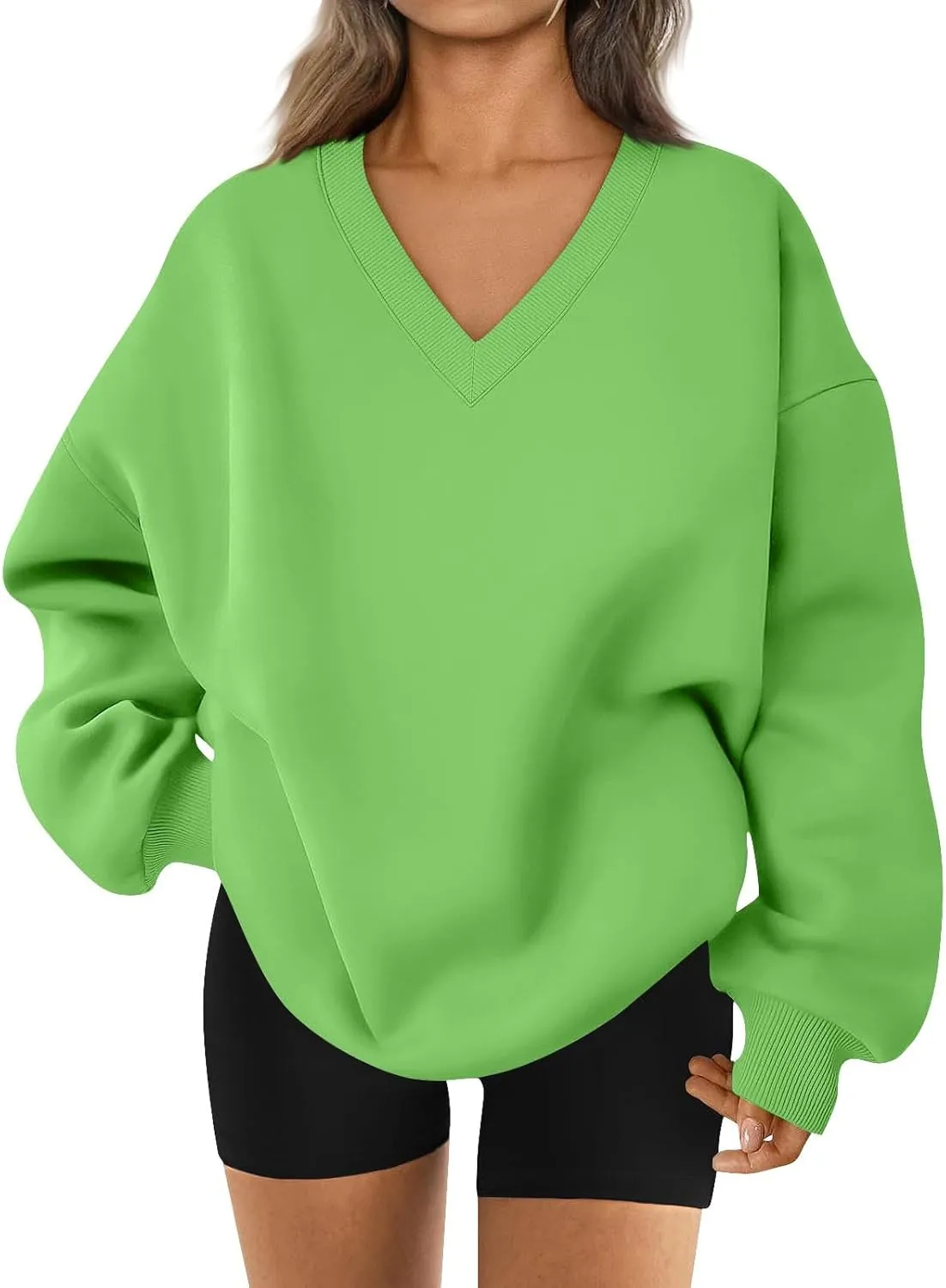 Oversized Sweatshirt for Women Fleece Hoodies Pullover V Neck Long Sleeve Shirts Sweatshirt No Hood Loose Fitting Tops