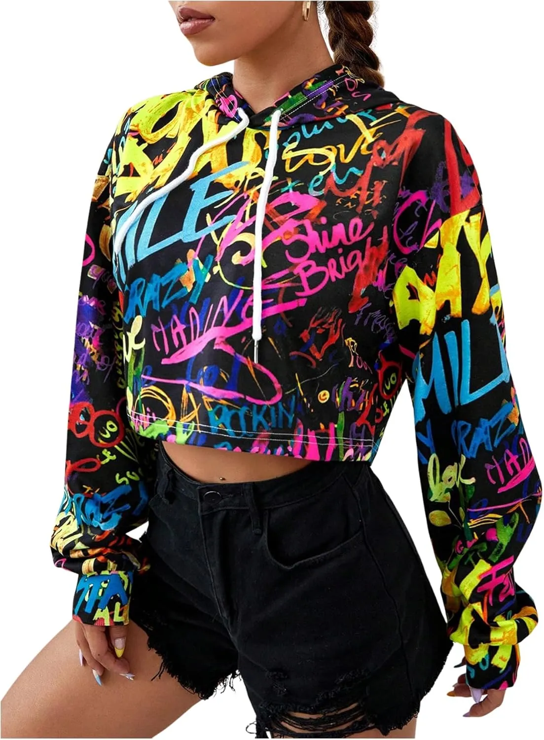 OYOANGLE Women's Crop Hoodie Long Sleeve Fashion Graffiti Print Hooded Sweatshirt Pullover Top