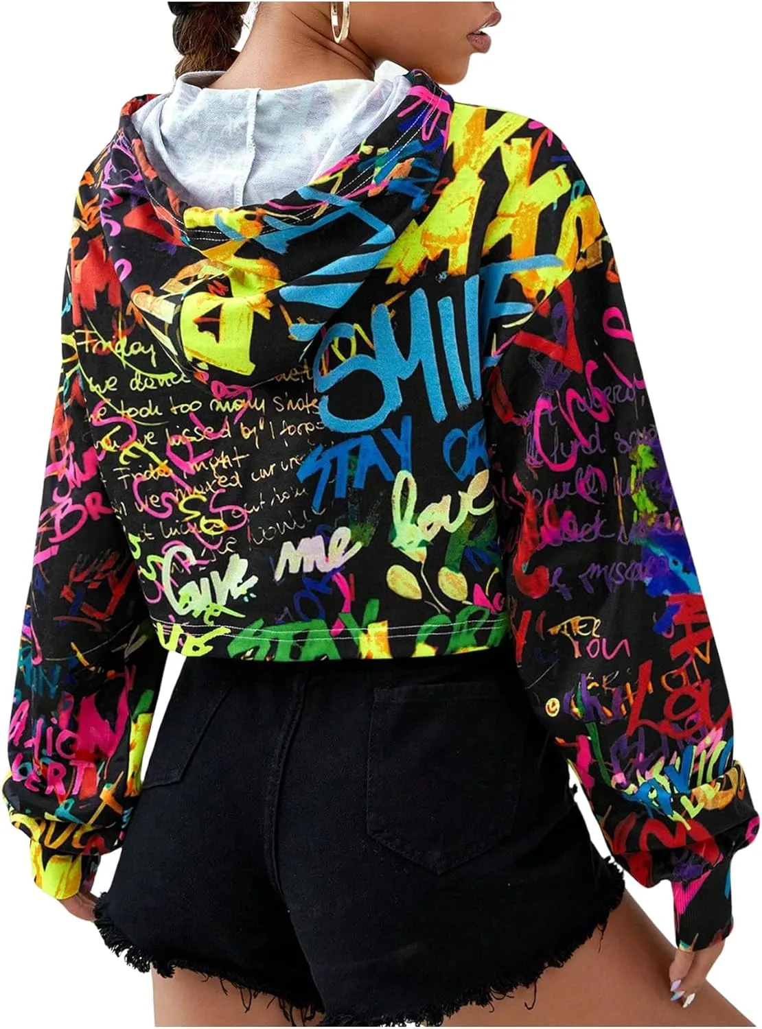 OYOANGLE Women's Crop Hoodie Long Sleeve Fashion Graffiti Print Hooded Sweatshirt Pullover Top