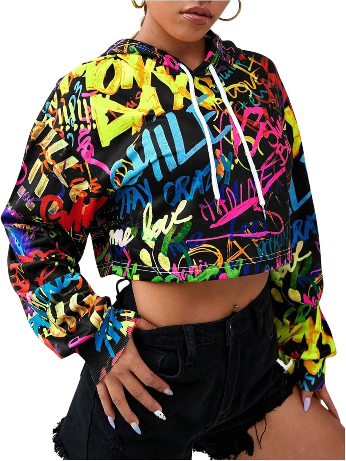 OYOANGLE Women's Crop Hoodie Long Sleeve Fashion Graffiti Print Hooded Sweatshirt Pullover Top