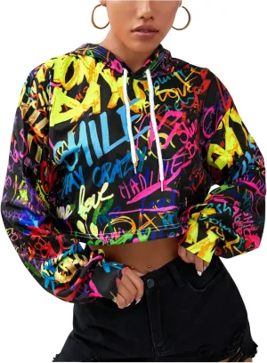 OYOANGLE Women's Crop Hoodie Long Sleeve Fashion Graffiti Print Hooded Sweatshirt Pullover Top