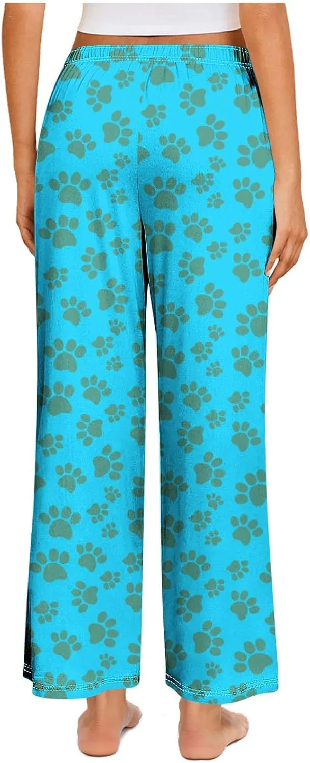 Pajamas Pants for Women's Funny Dog Paw Print High Waist Wide Leg Sweatpant Pj's Trouser with Pockets & Drawstring