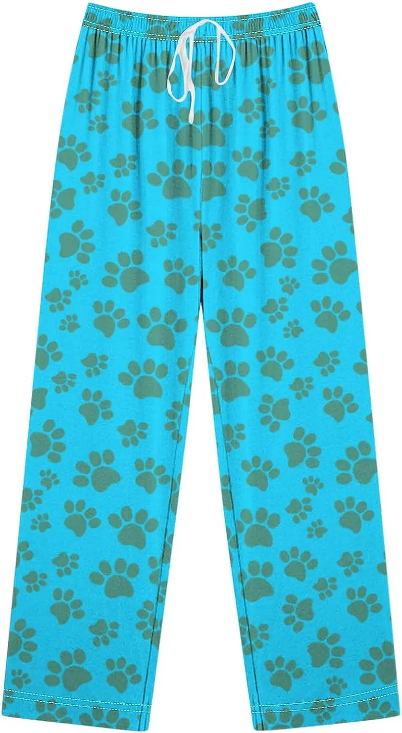Pajamas Pants for Women's Funny Dog Paw Print High Waist Wide Leg Sweatpant Pj's Trouser with Pockets & Drawstring
