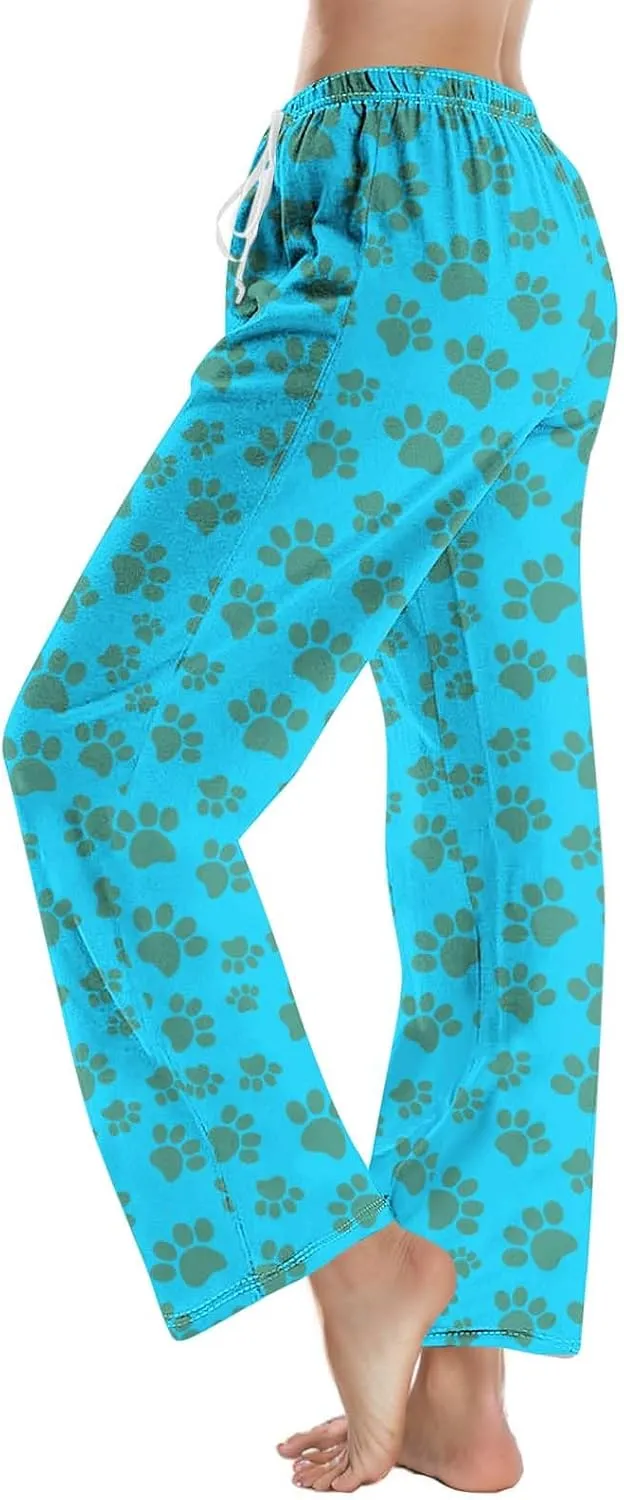 Pajamas Pants for Women's Funny Dog Paw Print High Waist Wide Leg Sweatpant Pj's Trouser with Pockets & Drawstring