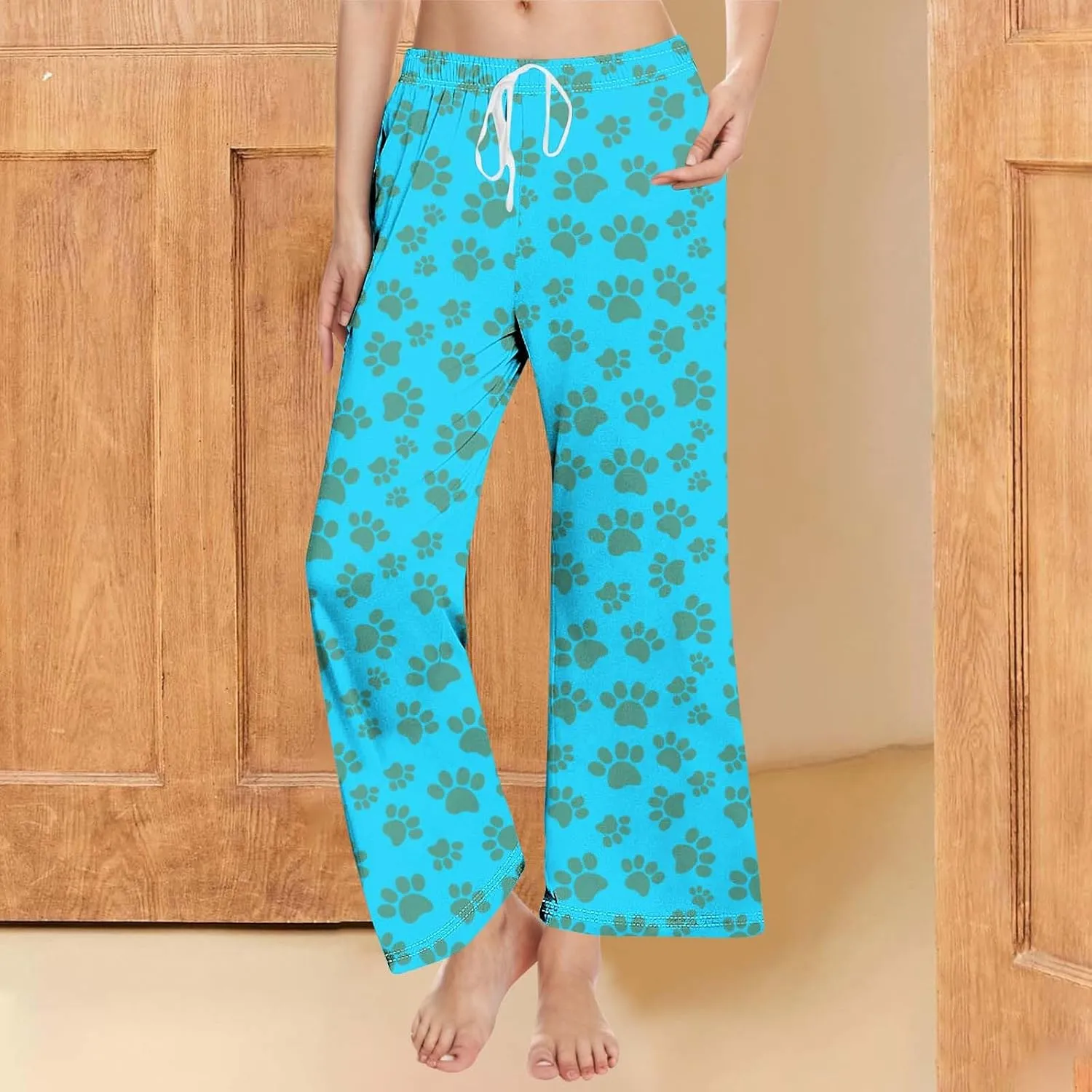 Pajamas Pants for Women's Funny Dog Paw Print High Waist Wide Leg Sweatpant Pj's Trouser with Pockets & Drawstring