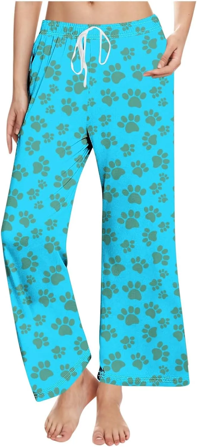 Pajamas Pants for Women's Funny Dog Paw Print High Waist Wide Leg Sweatpant Pj's Trouser with Pockets & Drawstring