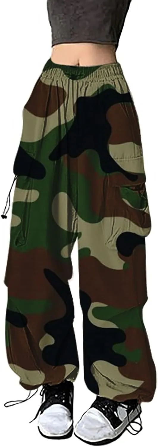 Parachute Cargo Pants Women Camo Print Drawstring Casual Cargo Pants High Waist Straight Wide Leg Trendy Trousers with Pocket