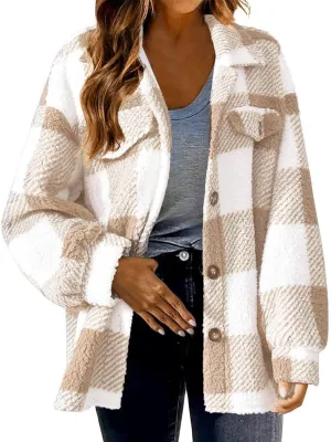 Plaid Fleece Shacket Jacket Womens Oversized Flannel Button Fall Hoodie Jackets With Pockets Warm Winter Coats