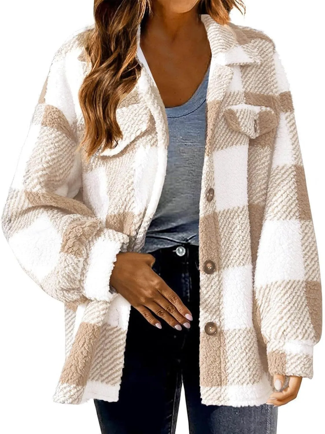 Plaid Fleece Shacket Jacket Womens Oversized Flannel Button Fall Hoodie Jackets With Pockets Warm Winter Coats