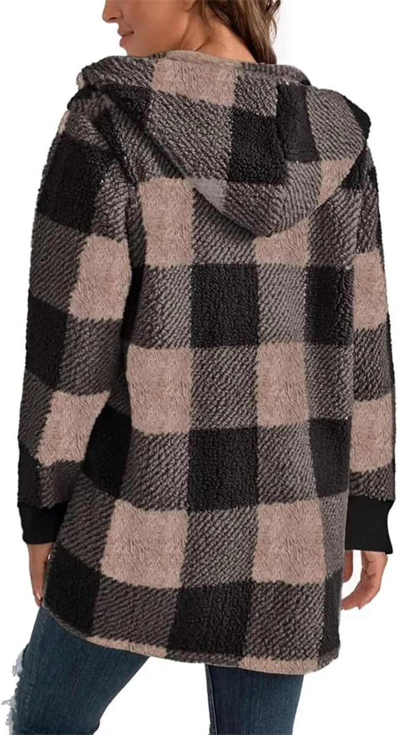 Plaid Shacket Women Long Sleeve Hooded Sherpa Fleece Jacket Fuzzy Open Front Cardigan Sweaters Winter Warm Teddy Coat