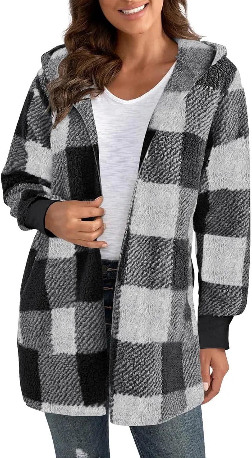 Plaid Shacket Women Long Sleeve Hooded Sherpa Fleece Jacket Fuzzy Open Front Cardigan Sweaters Winter Warm Teddy Coat