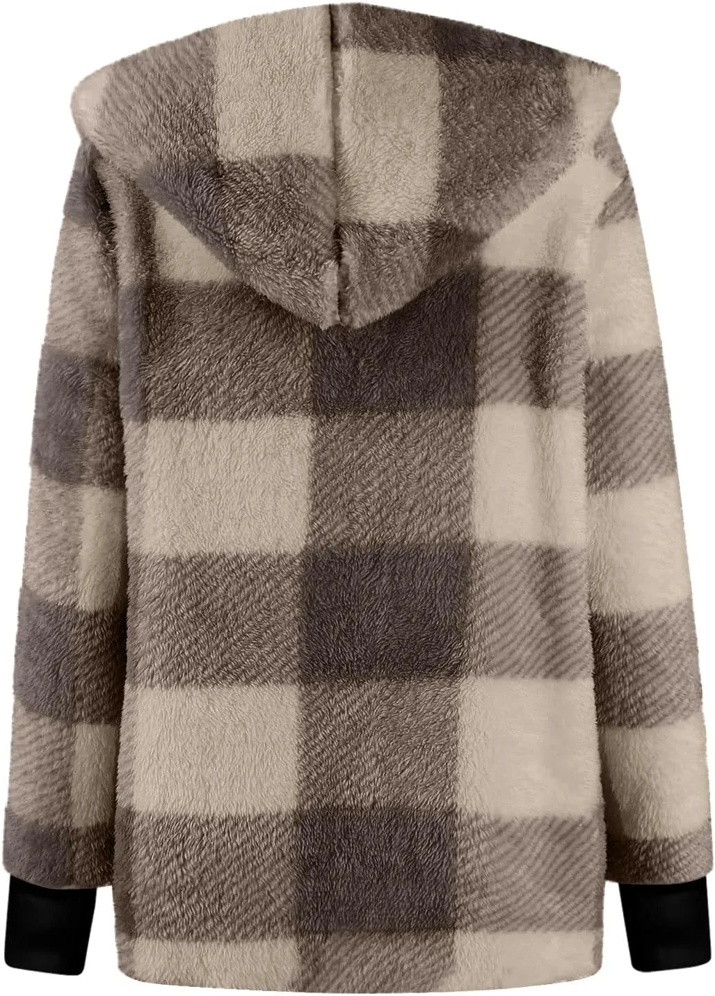 Plaid Shacket Women Long Sleeve Hooded Sherpa Fleece Jacket Fuzzy Open Front Cardigan Sweaters Winter Warm Teddy Coat