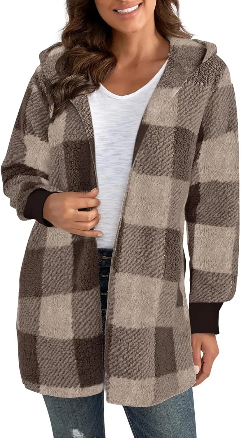 Plaid Shacket Women Long Sleeve Hooded Sherpa Fleece Jacket Fuzzy Open Front Cardigan Sweaters Winter Warm Teddy Coat