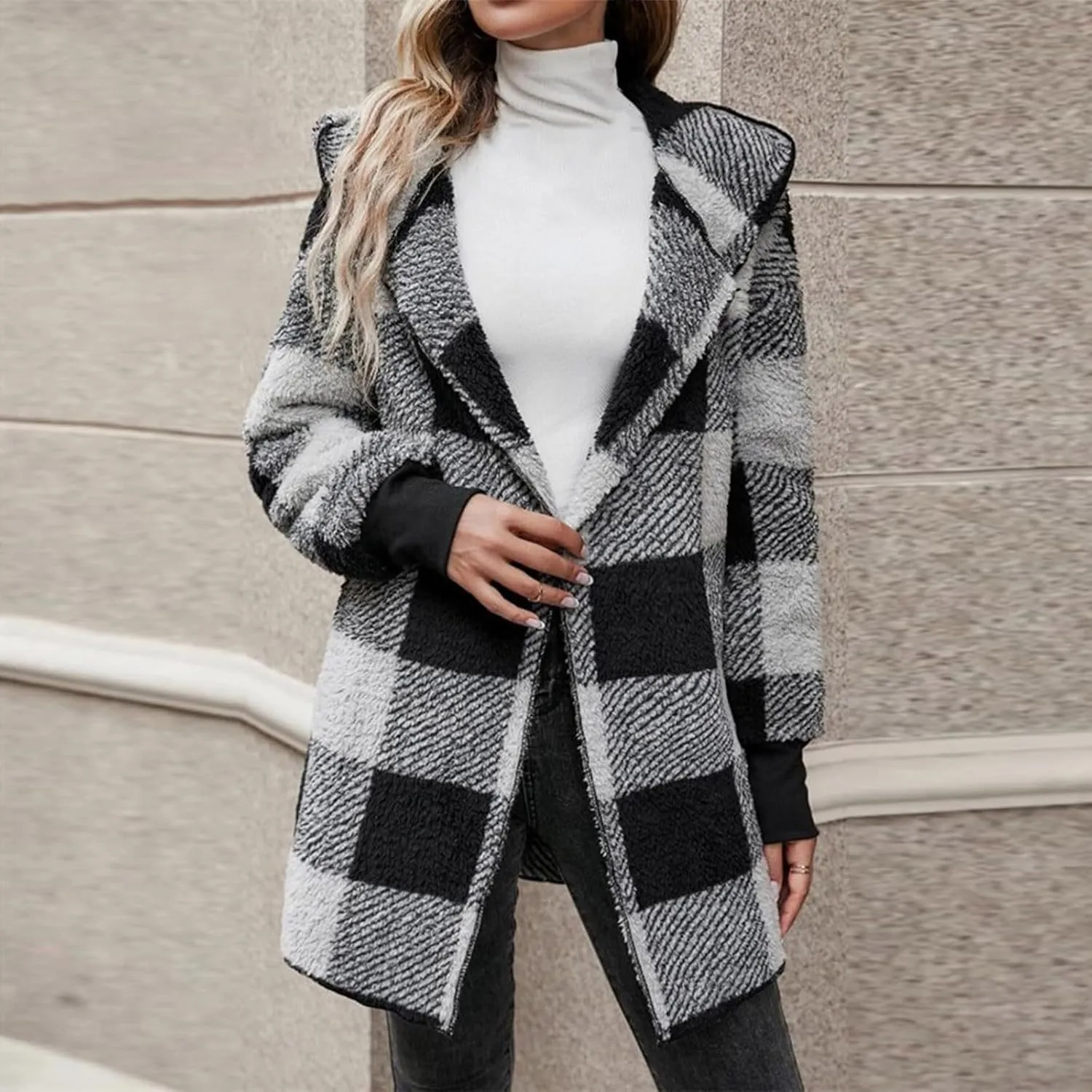 Plaid Shacket Women Long Sleeve Hooded Sherpa Fleece Jacket Fuzzy Open Front Cardigan Sweaters Winter Warm Teddy Coat