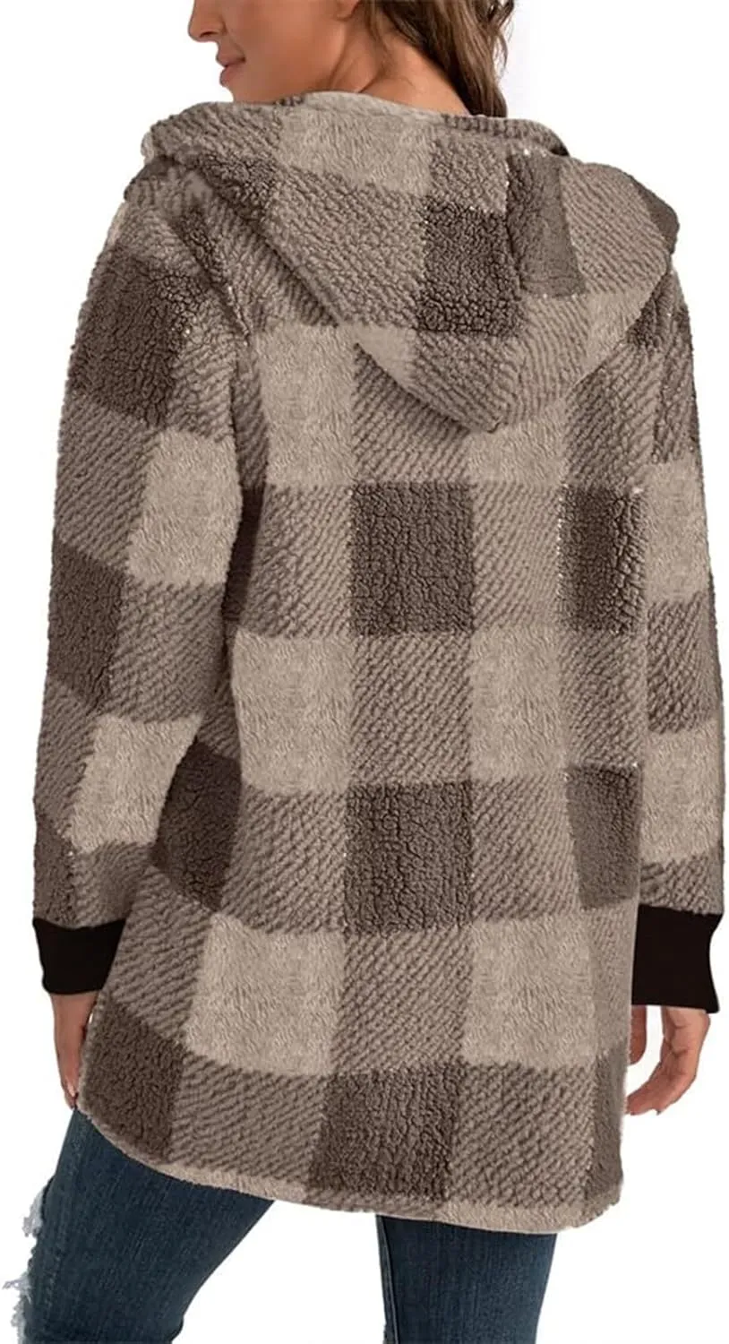 Plaid Shacket Women Long Sleeve Hooded Sherpa Fleece Jacket Fuzzy Open Front Cardigan Sweaters Winter Warm Teddy Coat