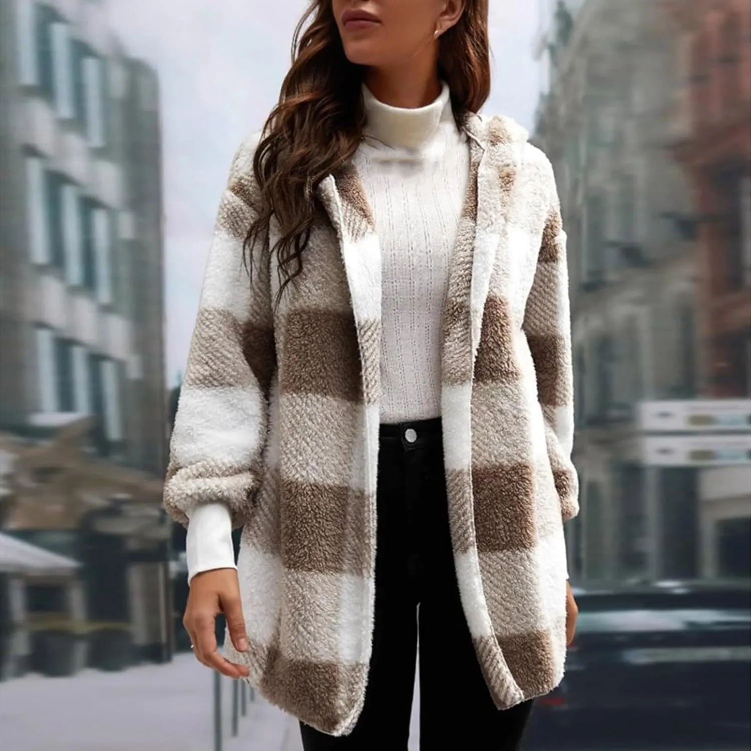 Plaid Shacket Women Long Sleeve Hooded Sherpa Fleece Jacket Fuzzy Open Front Cardigan Sweaters Winter Warm Teddy Coat