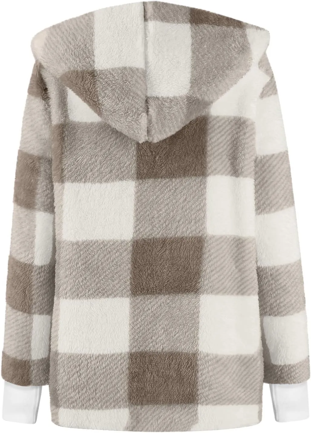 Plaid Shacket Women Long Sleeve Hooded Sherpa Fleece Jacket Fuzzy Open Front Cardigan Sweaters Winter Warm Teddy Coat