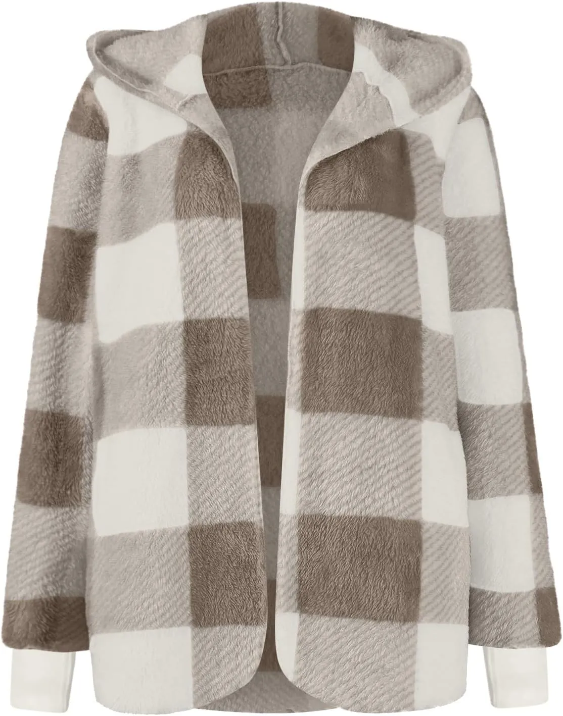 Plaid Shacket Women Long Sleeve Hooded Sherpa Fleece Jacket Fuzzy Open Front Cardigan Sweaters Winter Warm Teddy Coat