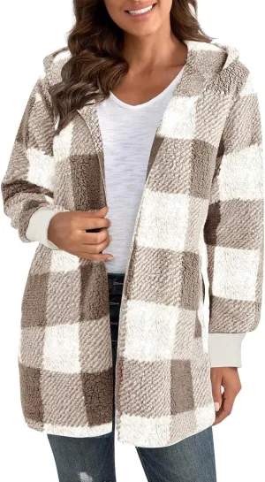 Plaid Shacket Women Long Sleeve Hooded Sherpa Fleece Jacket Fuzzy Open Front Cardigan Sweaters Winter Warm Teddy Coat
