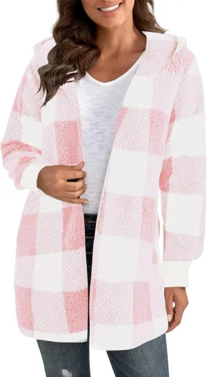 Plaid Shacket Women Long Sleeve Hooded Sherpa Fleece Jacket Fuzzy Open Front Cardigan Sweaters Winter Warm Teddy Coat