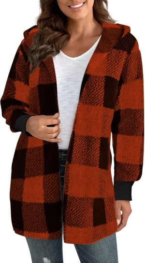 Plaid Shacket Women Long Sleeve Hooded Sherpa Fleece Jacket Fuzzy Open Front Cardigan Sweaters Winter Warm Teddy Coat