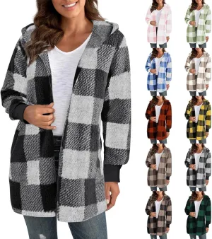 Plaid Shacket Women Long Sleeve Hooded Sherpa Fleece Jacket Fuzzy Open Front Cardigan Sweaters Winter Warm Teddy Coat