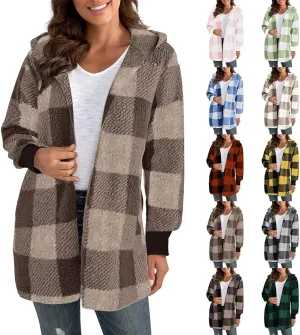 Plaid Shacket Women Long Sleeve Hooded Sherpa Fleece Jacket Fuzzy Open Front Cardigan Sweaters Winter Warm Teddy Coat