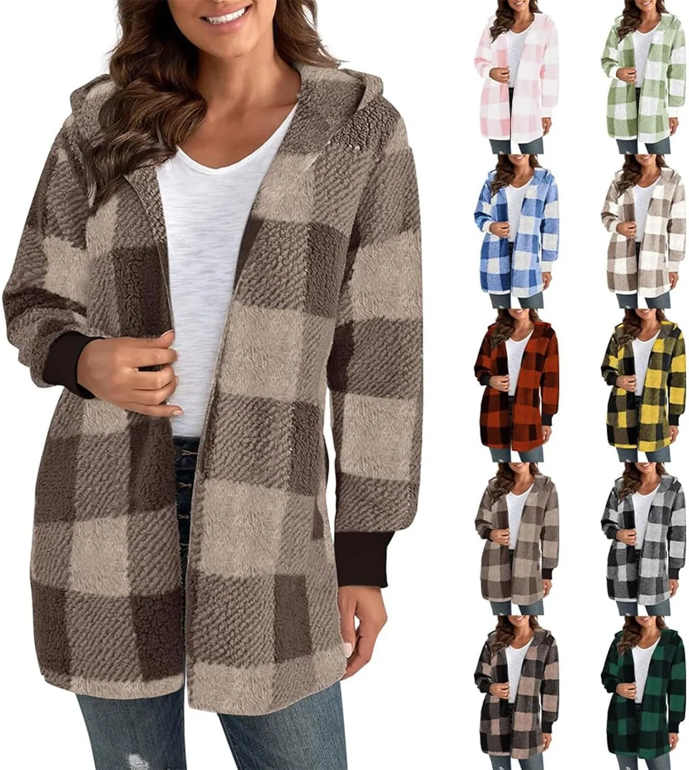 Plaid Shacket Women Long Sleeve Hooded Sherpa Fleece Jacket Fuzzy Open Front Cardigan Sweaters Winter Warm Teddy Coat