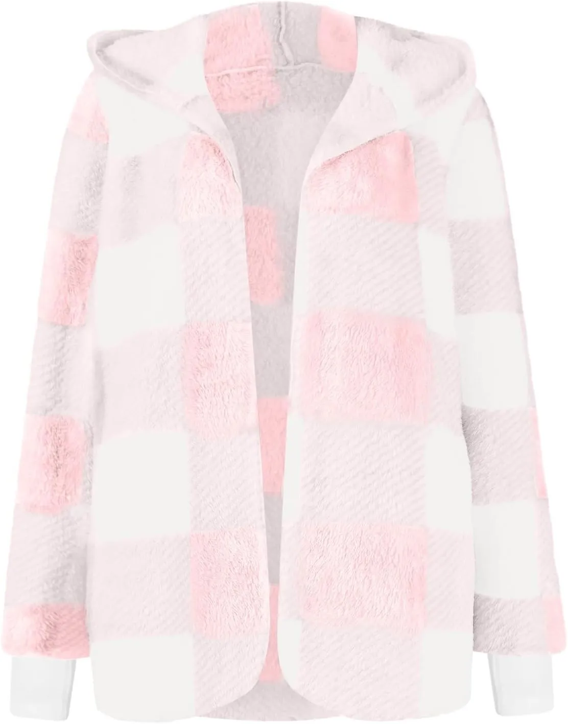 Plaid Shacket Women Long Sleeve Hooded Sherpa Fleece Jacket Fuzzy Open Front Cardigan Sweaters Winter Warm Teddy Coat