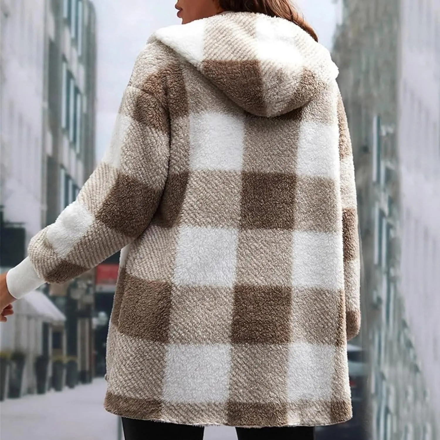 Plaid Shacket Women Long Sleeve Hooded Sherpa Fleece Jacket Fuzzy Open Front Cardigan Sweaters Winter Warm Teddy Coat