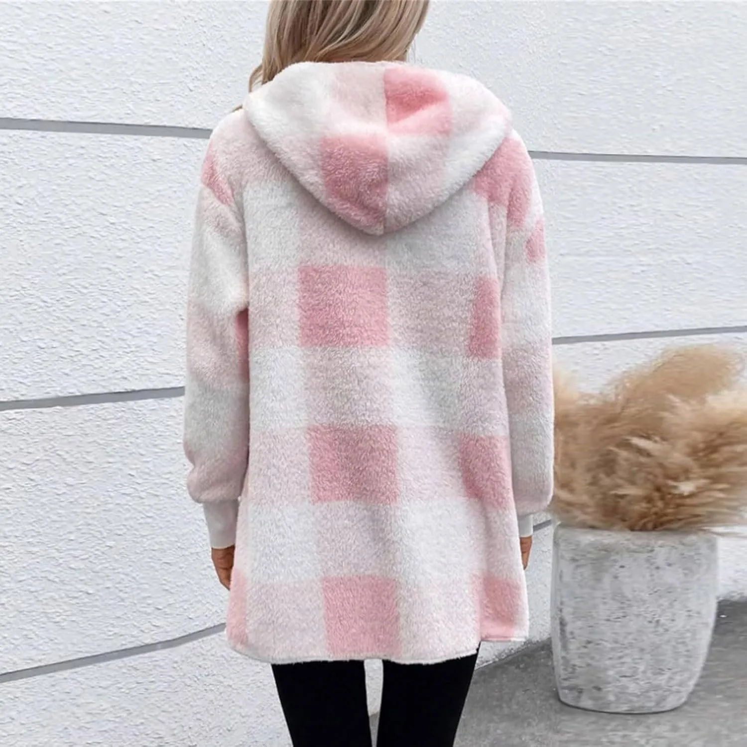 Plaid Shacket Women Long Sleeve Hooded Sherpa Fleece Jacket Fuzzy Open Front Cardigan Sweaters Winter Warm Teddy Coat