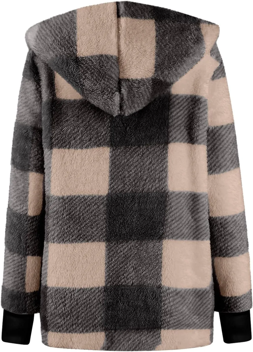 Plaid Shacket Women Long Sleeve Hooded Sherpa Fleece Jacket Fuzzy Open Front Cardigan Sweaters Winter Warm Teddy Coat