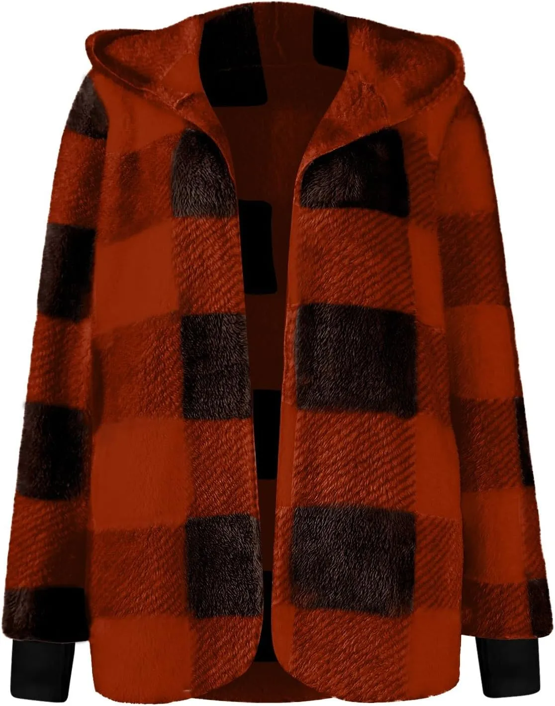 Plaid Shacket Women Long Sleeve Hooded Sherpa Fleece Jacket Fuzzy Open Front Cardigan Sweaters Winter Warm Teddy Coat