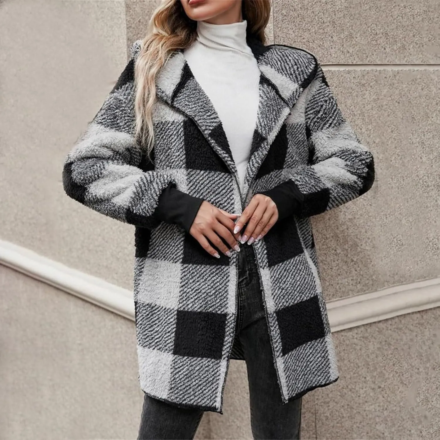 Plaid Shacket Women Long Sleeve Hooded Sherpa Fleece Jacket Fuzzy Open Front Cardigan Sweaters Winter Warm Teddy Coat