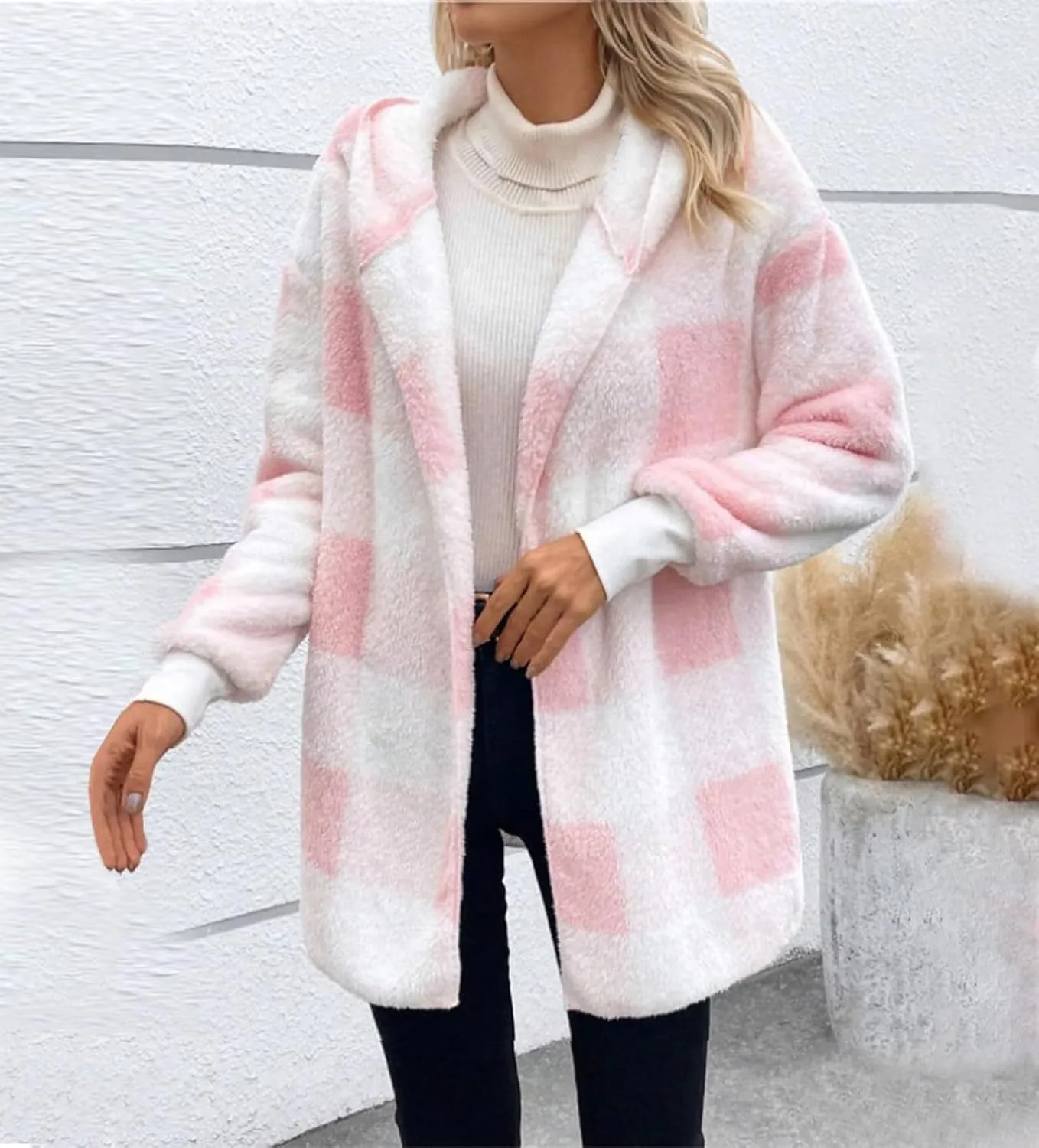 Plaid Shacket Women Long Sleeve Hooded Sherpa Fleece Jacket Fuzzy Open Front Cardigan Sweaters Winter Warm Teddy Coat