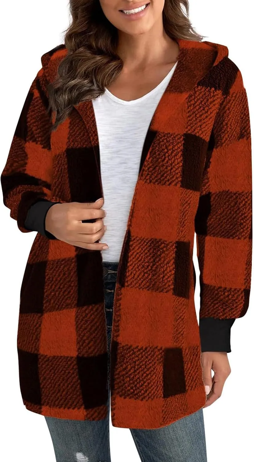 Plaid Shacket Women Long Sleeve Hooded Sherpa Fleece Jacket Fuzzy Open Front Cardigan Sweaters Winter Warm Teddy Coat