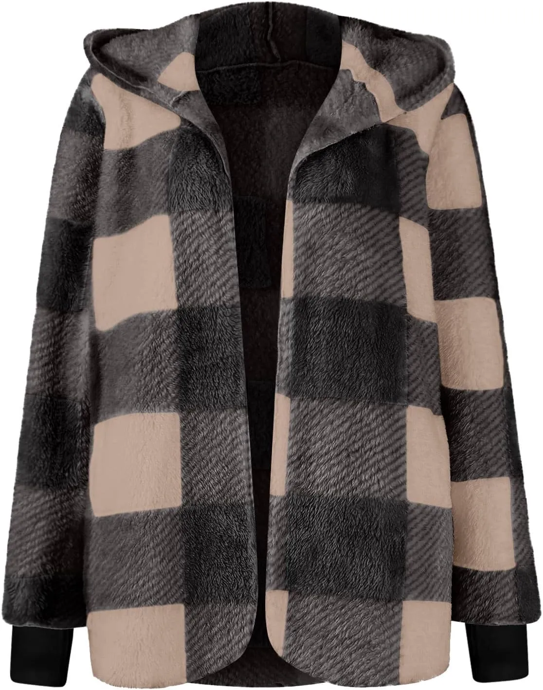 Plaid Shacket Women Long Sleeve Hooded Sherpa Fleece Jacket Fuzzy Open Front Cardigan Sweaters Winter Warm Teddy Coat