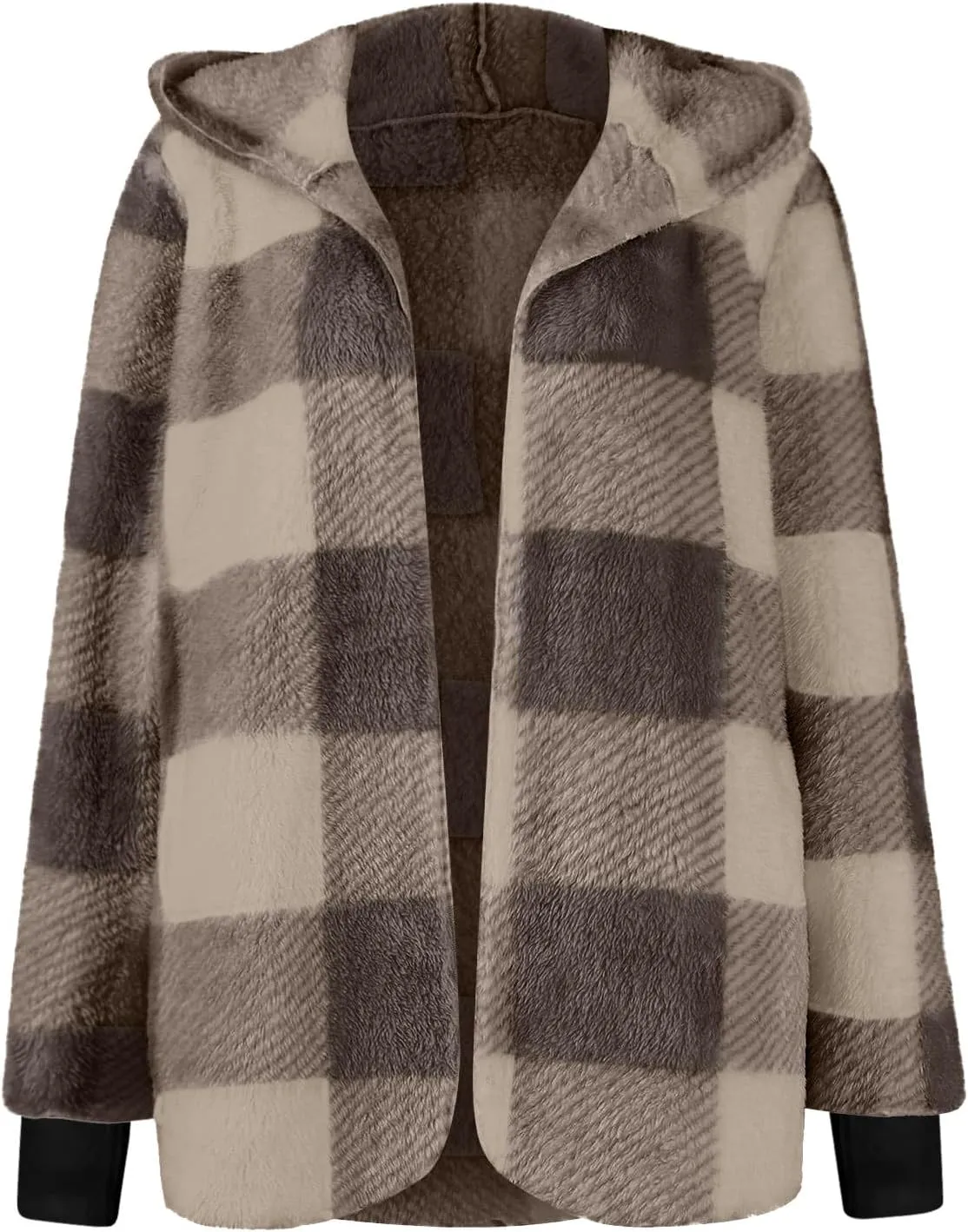 Plaid Shacket Women Long Sleeve Hooded Sherpa Fleece Jacket Fuzzy Open Front Cardigan Sweaters Winter Warm Teddy Coat
