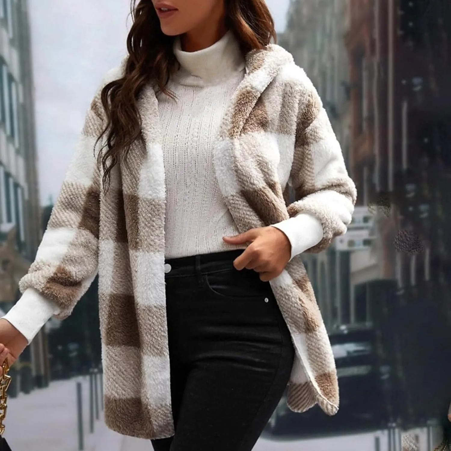 Plaid Shacket Women Long Sleeve Hooded Sherpa Fleece Jacket Fuzzy Open Front Cardigan Sweaters Winter Warm Teddy Coat