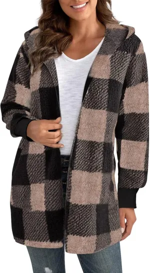 Plaid Shacket Women Long Sleeve Hooded Sherpa Fleece Jacket Fuzzy Open Front Cardigan Sweaters Winter Warm Teddy Coat