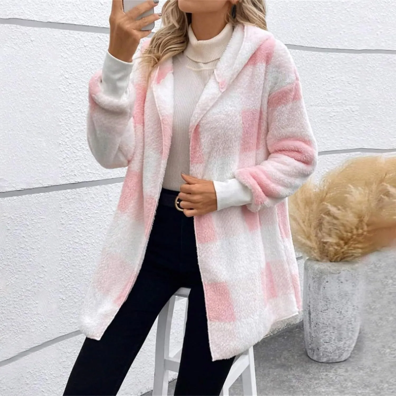 Plaid Shacket Women Long Sleeve Hooded Sherpa Fleece Jacket Fuzzy Open Front Cardigan Sweaters Winter Warm Teddy Coat