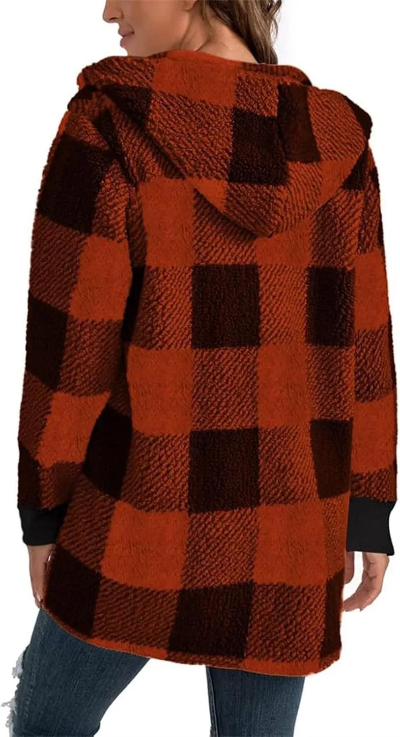 Plaid Shacket Women Long Sleeve Hooded Sherpa Fleece Jacket Fuzzy Open Front Cardigan Sweaters Winter Warm Teddy Coat