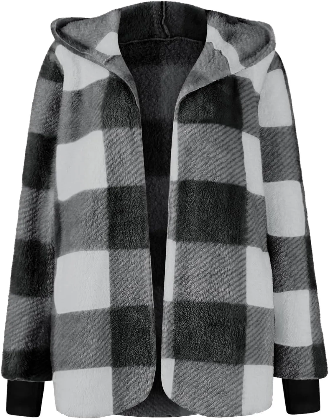Plaid Shacket Women Long Sleeve Hooded Sherpa Fleece Jacket Fuzzy Open Front Cardigan Sweaters Winter Warm Teddy Coat