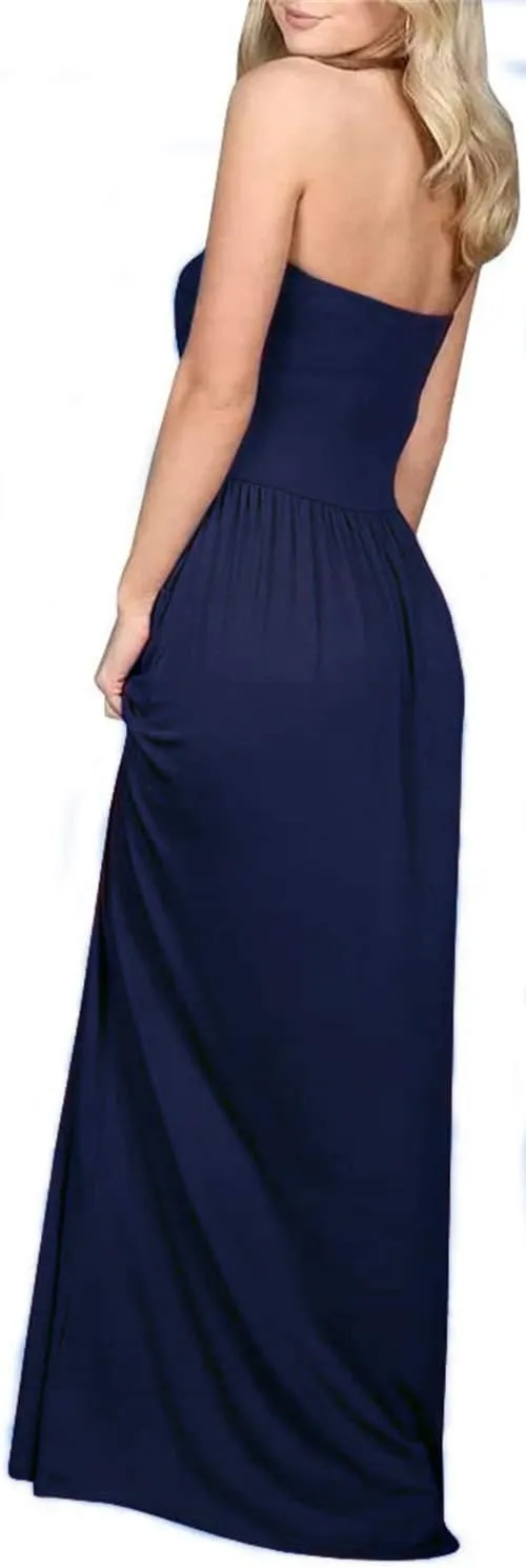 PRIMODA Womens Strapless Tube Top Maxi Dress Floral Boho Beach Dress with Pockets